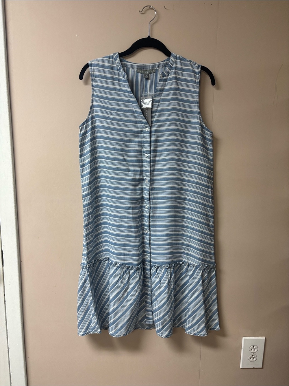 NWT Sharagano Sleeveless Blue Stripe Ruffle-Hem Dress M